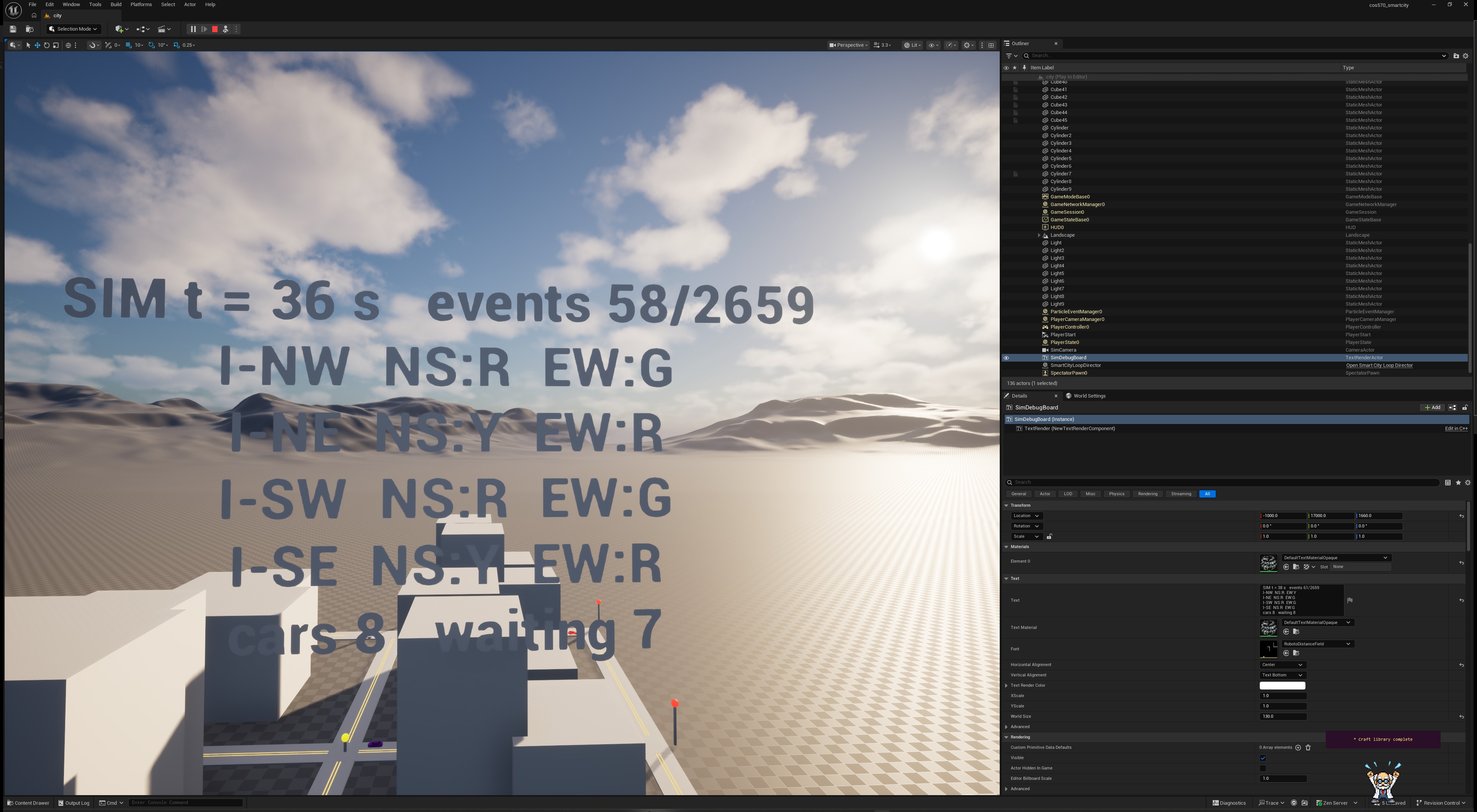 Unreal debug board showing simulation data